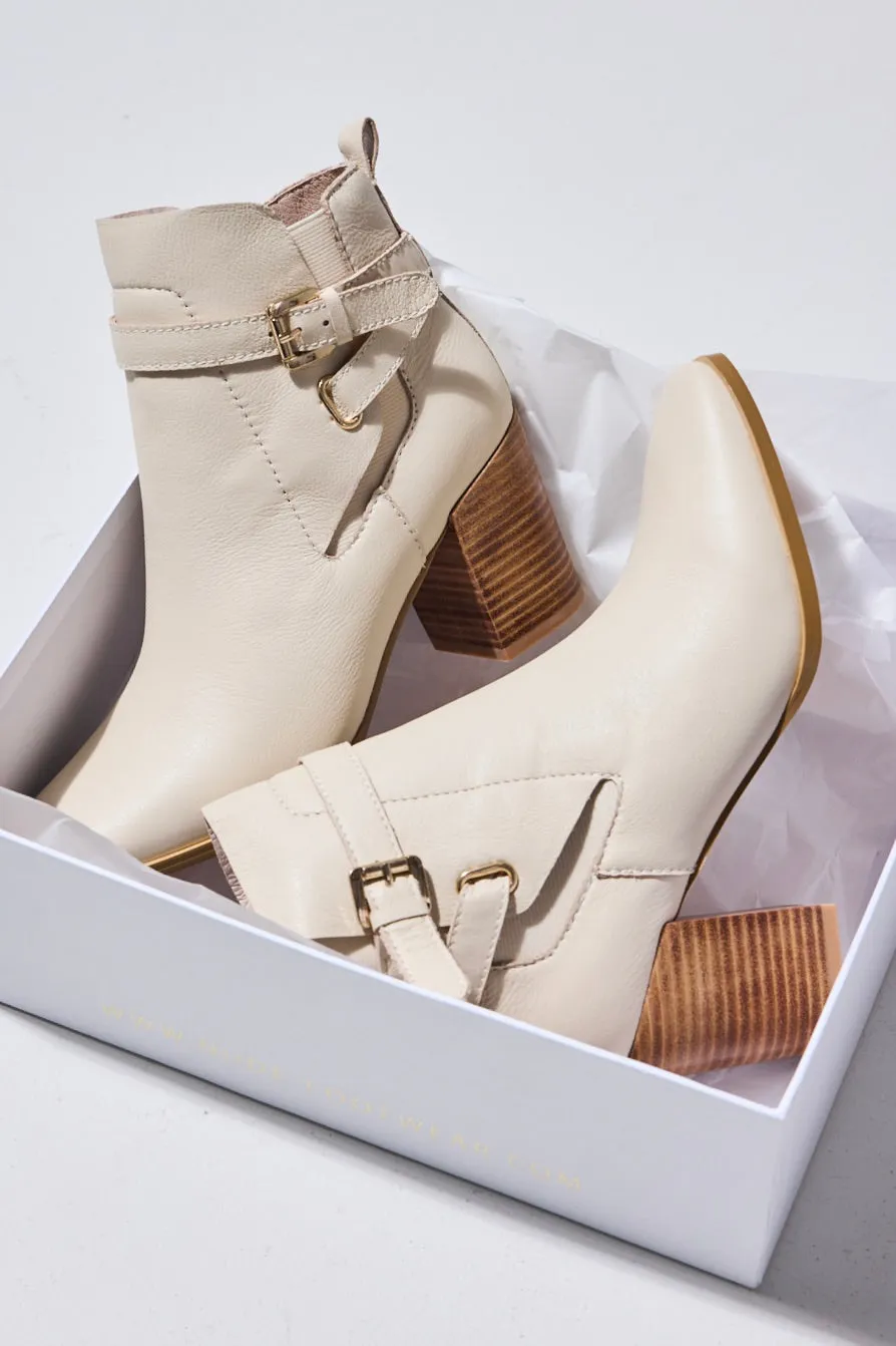 Adelaide Cream Buckle Ankle Mid Heel Boot