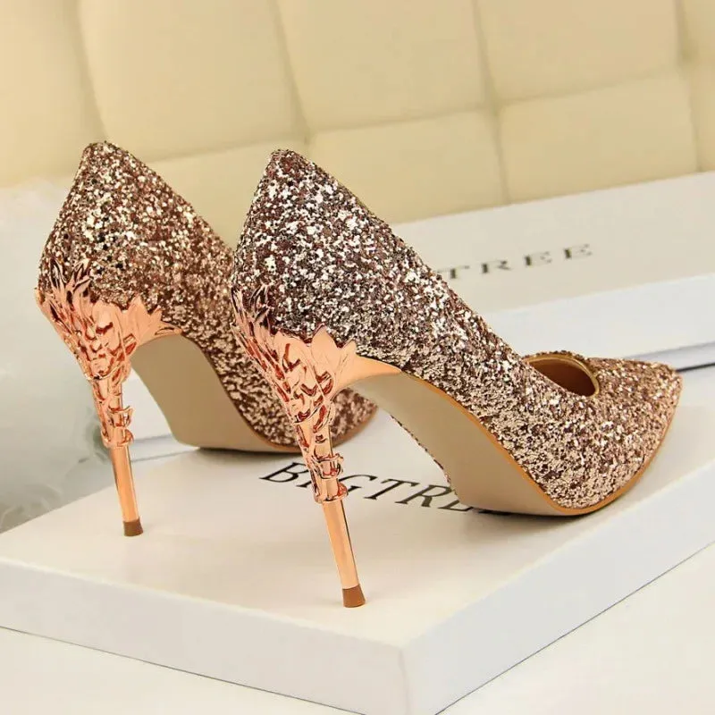 Aiertu 2024 Spring Summer New Crystal Sequins Bride Shoes High Heels Women's Fine Heel Versatile Pointed Toe Gown Single Shoes