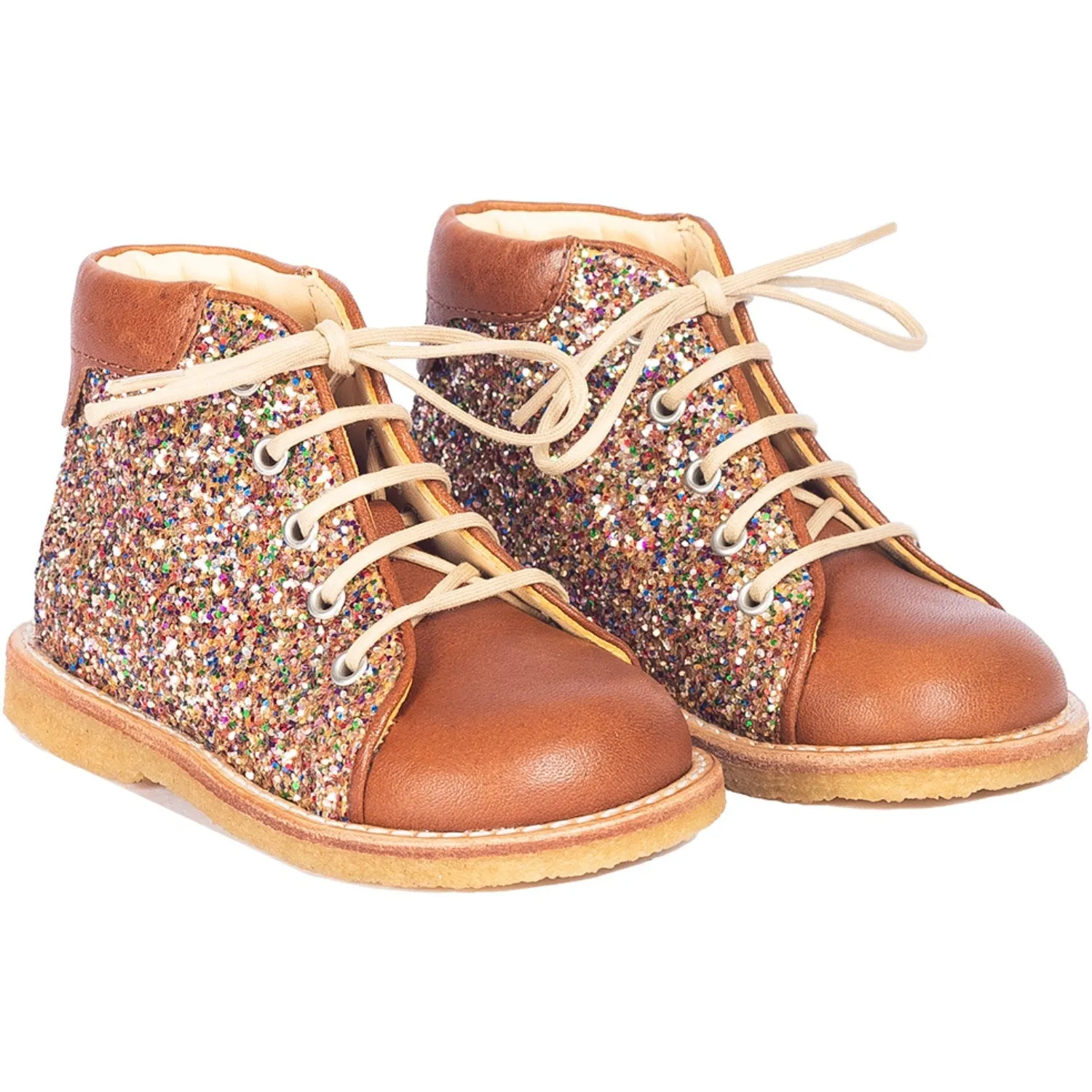 Angulus Cognac/Multi Glitter Classic Beginner Lace Shoes w. Glitter