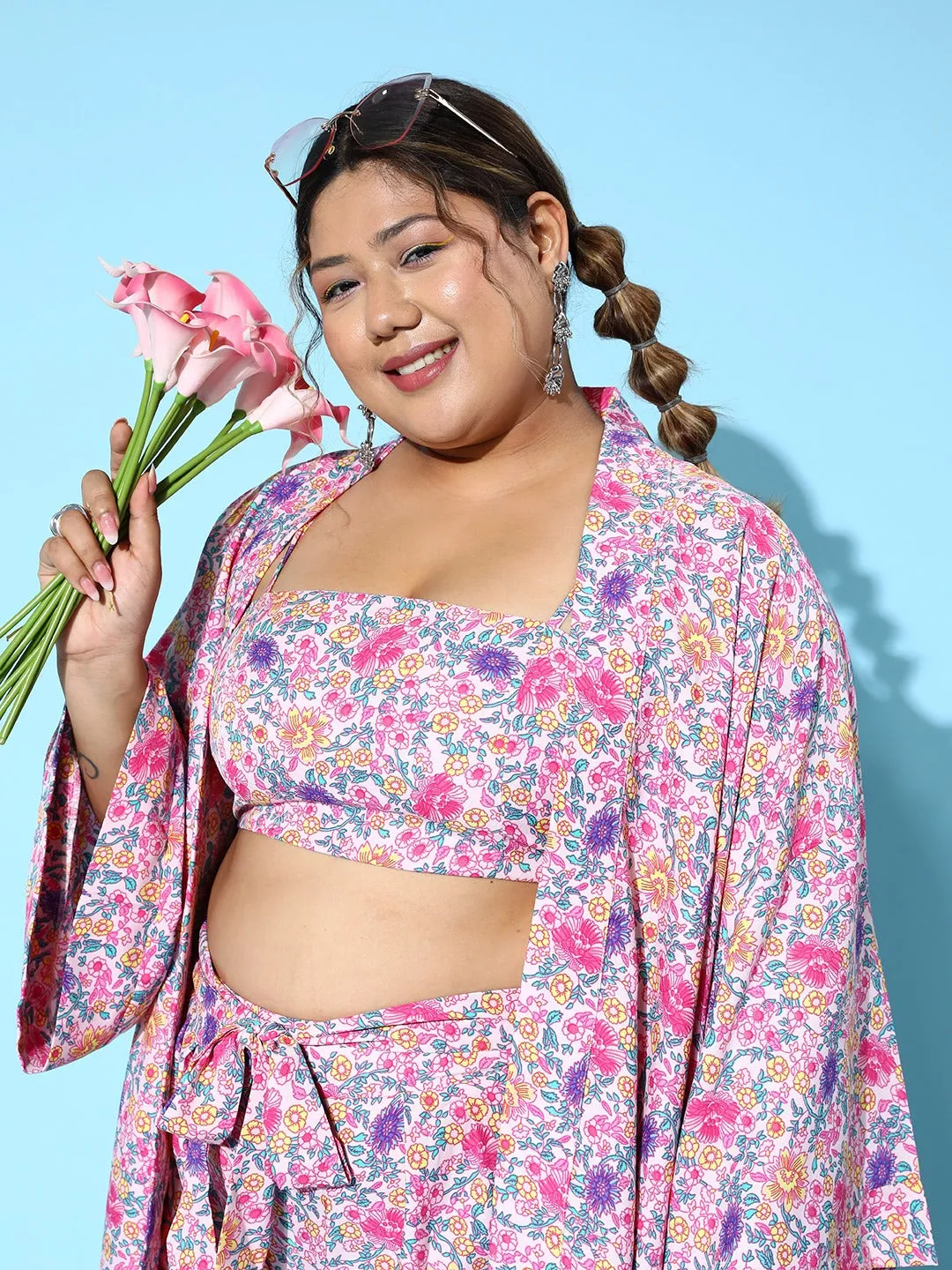 Berrylush Women Plus Size Pink & Purple Floral Printed Crop Top & Tie-Up Front Shorts With Kimono