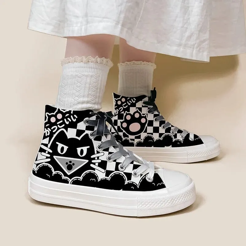 Halloween Edition Scary Neko Cat High Top Canvas Shoes - Unisex