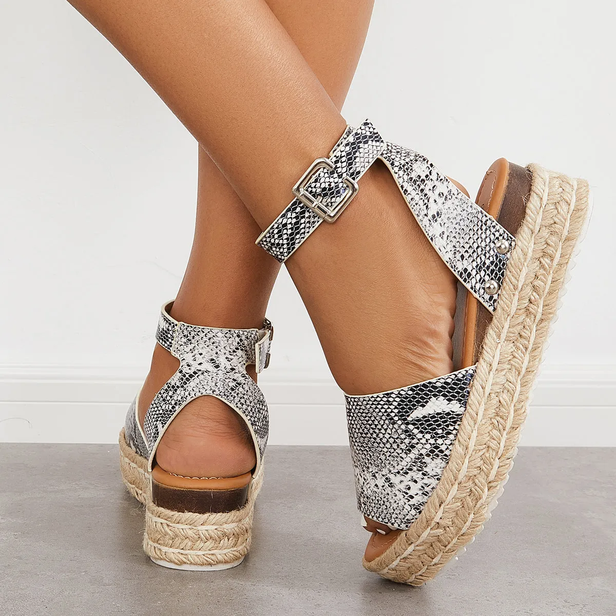 Sohiwoo Peep Toe Espadrille Platform Wedges Ankle Strap Sandals