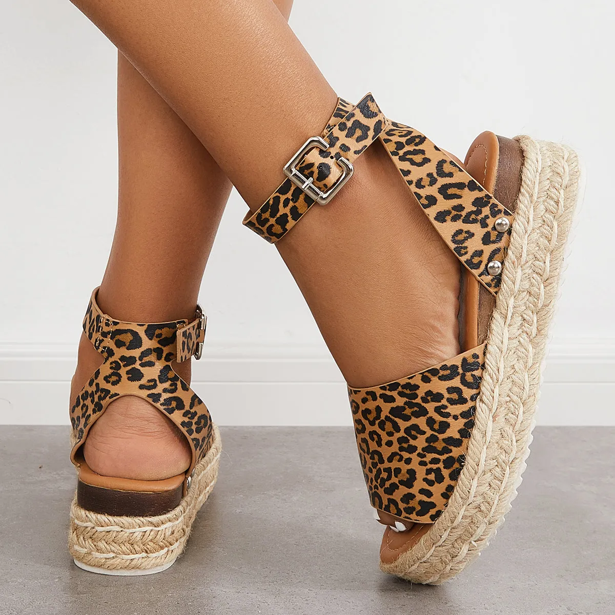 Sohiwoo Peep Toe Espadrille Platform Wedges Ankle Strap Sandals