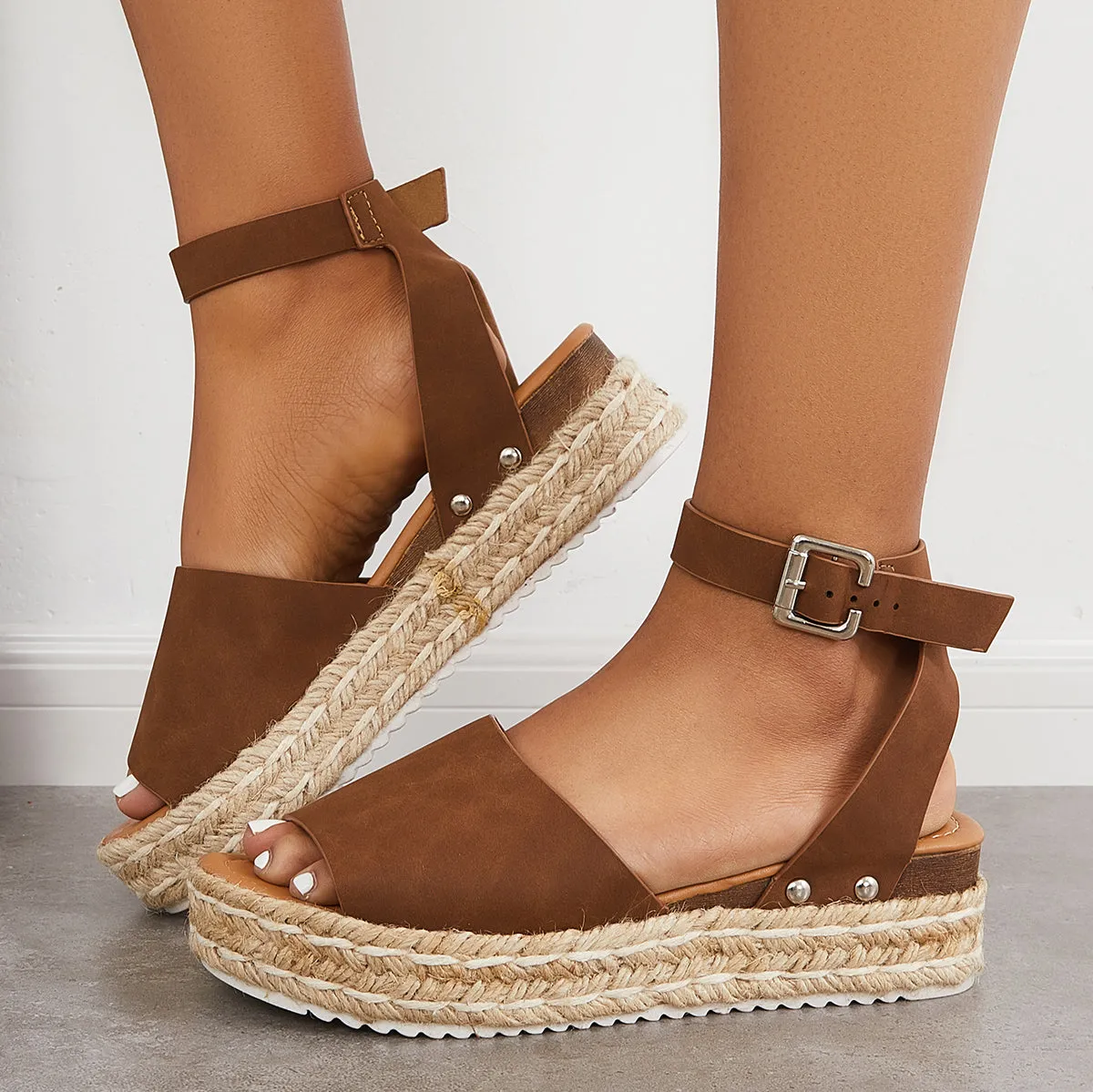 Sohiwoo Peep Toe Espadrille Platform Wedges Ankle Strap Sandals