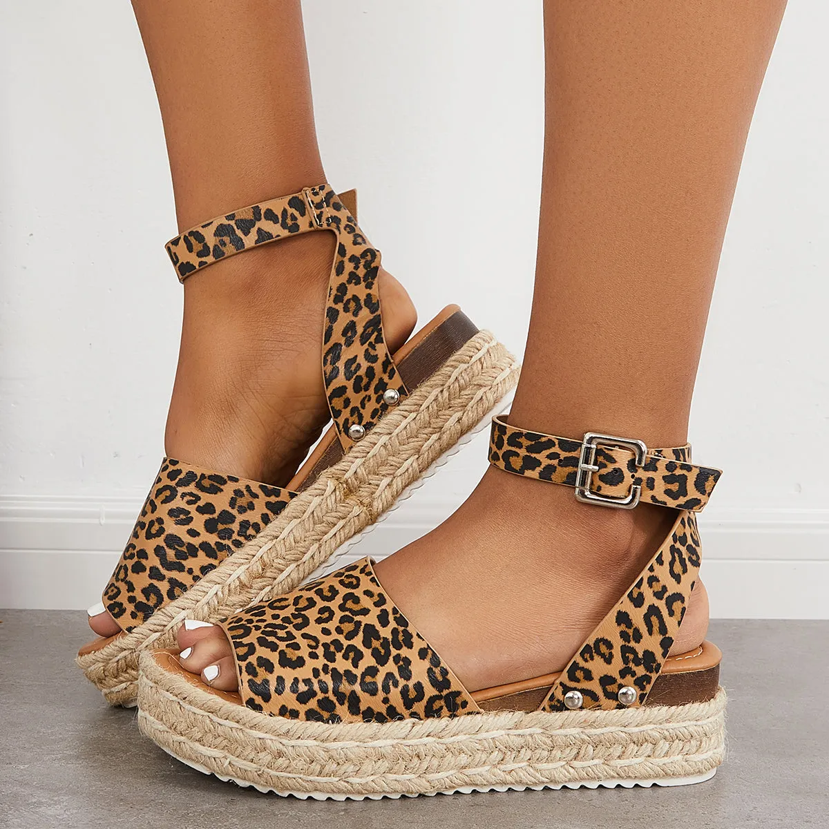 Sohiwoo Peep Toe Espadrille Platform Wedges Ankle Strap Sandals