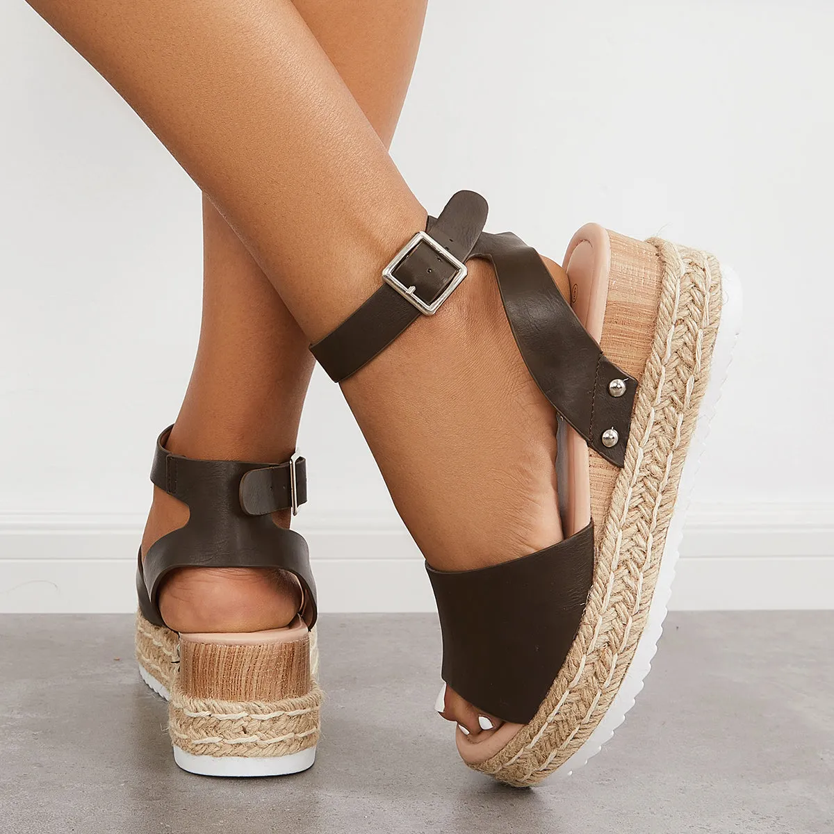 Sohiwoo Peep Toe Espadrille Platform Wedges Ankle Strap Sandals