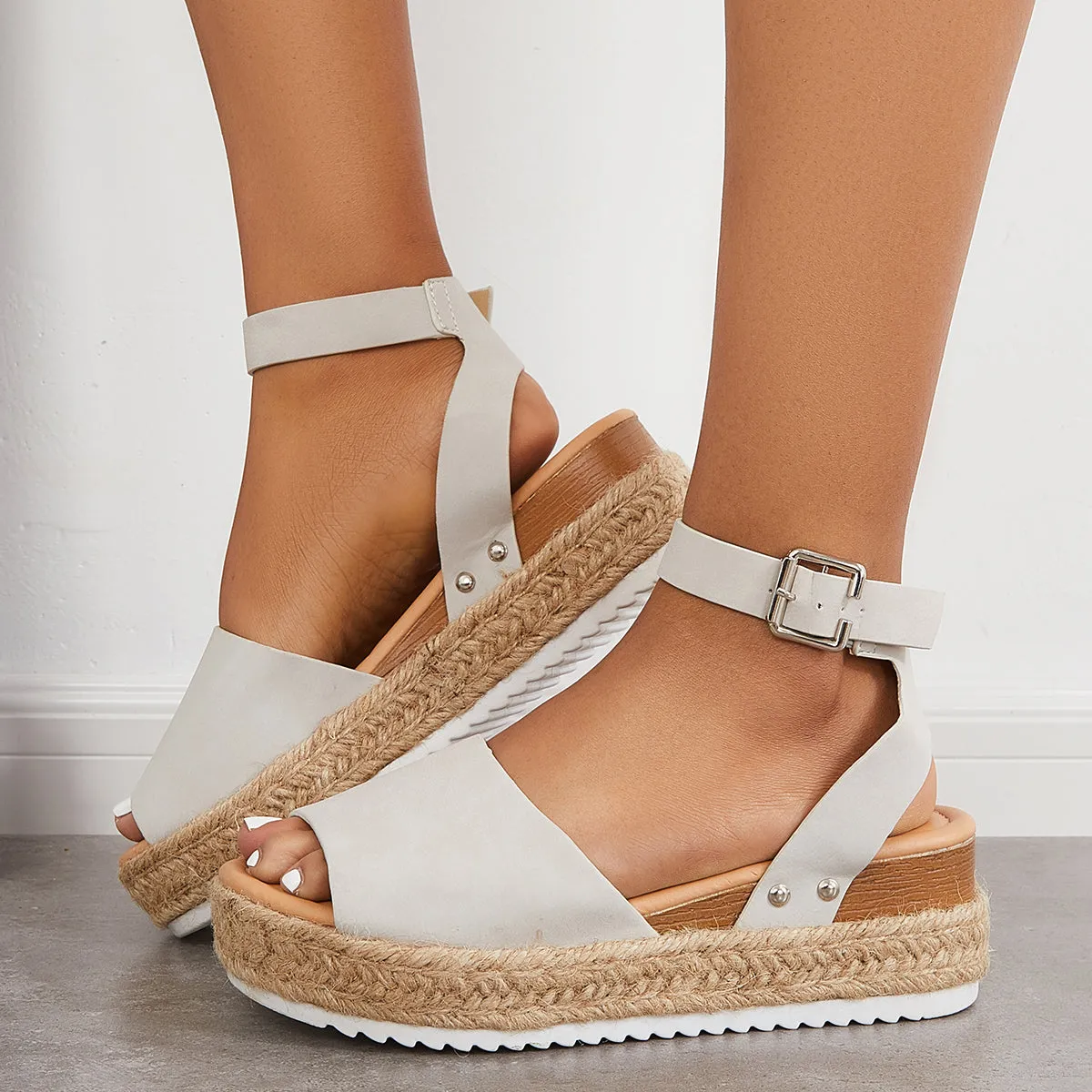 Sohiwoo Peep Toe Espadrille Platform Wedges Ankle Strap Sandals