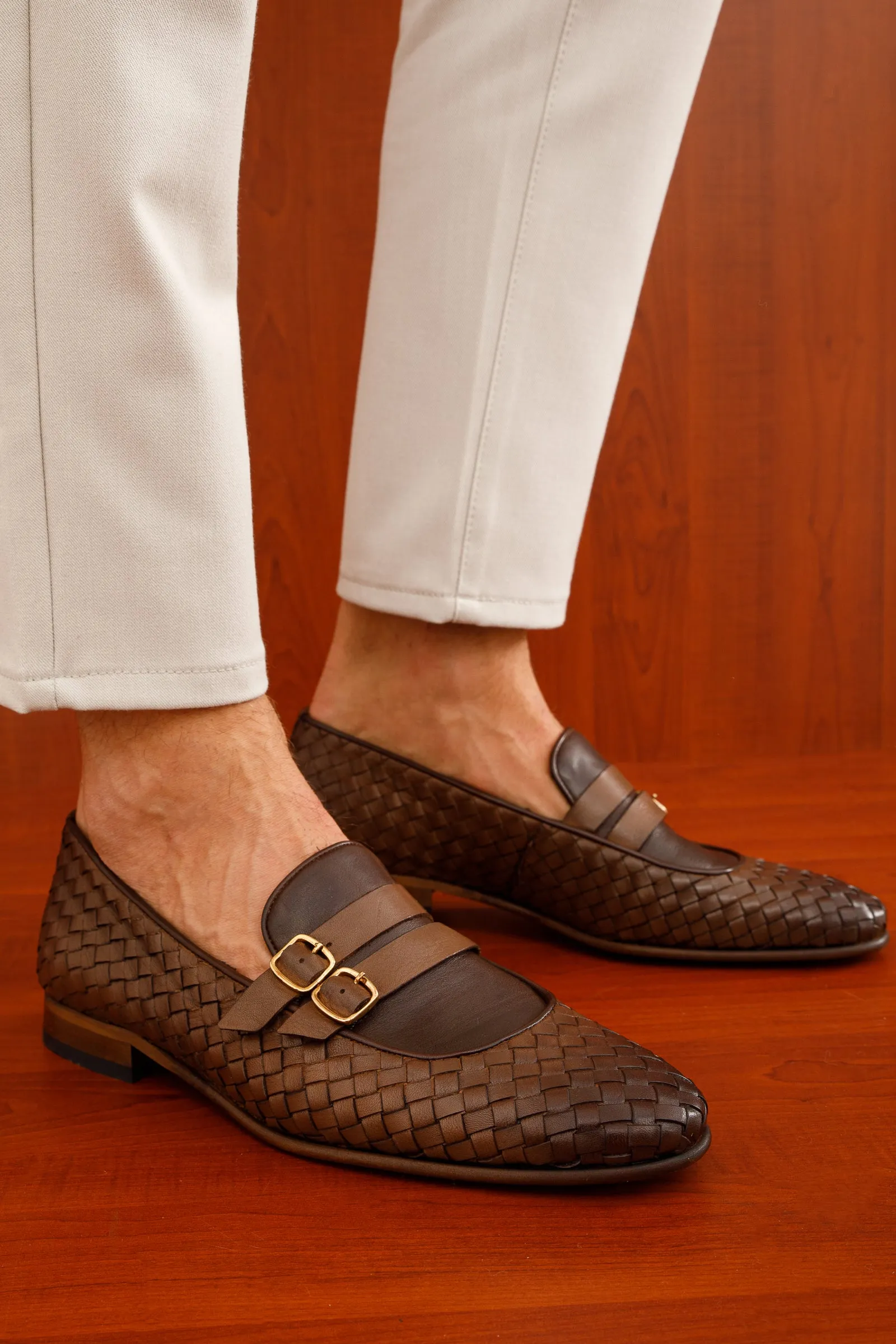 The Vatra Tan Woven Double Monk Strap Men Shoe