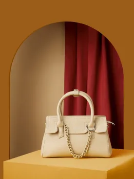 Women Beige Solid Handheld Bag with Detachable Strap and Chain Detailing