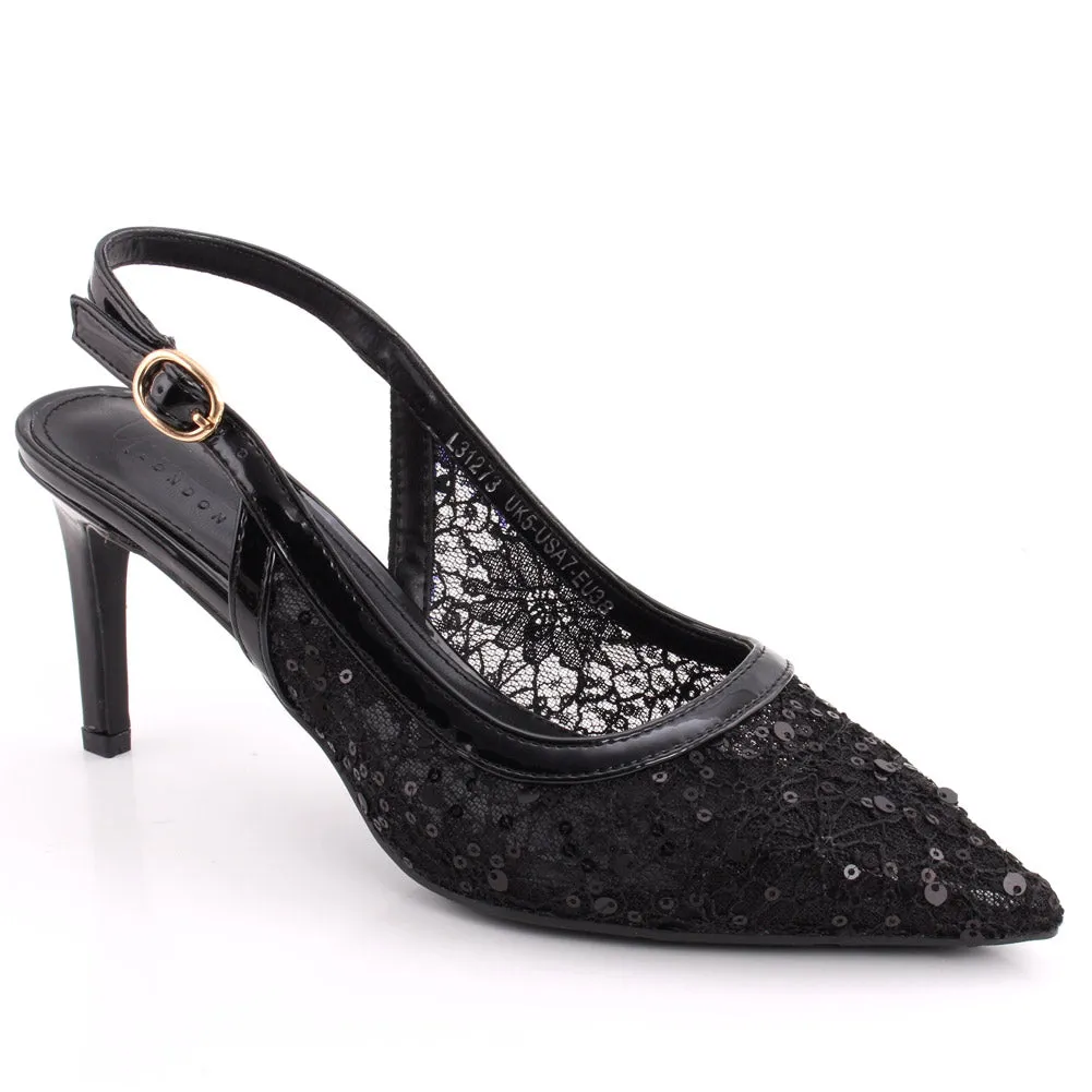 Women “ELDORA” Sling Buckle Strap Closed Toe Sequins Designed Net Stiletto Heel Sandals