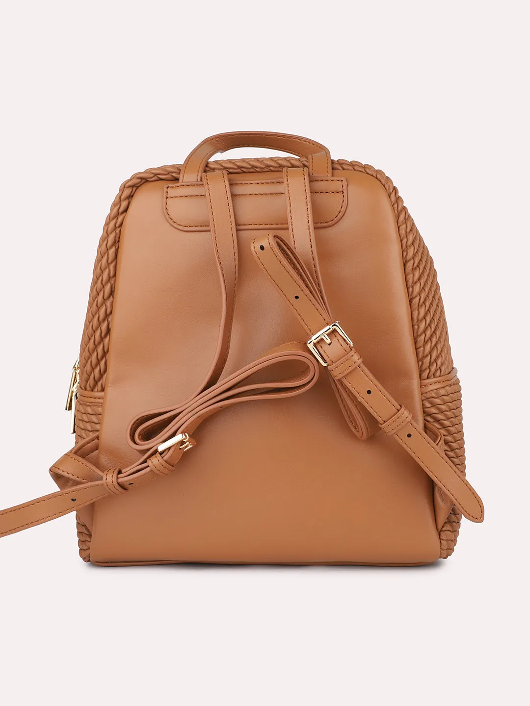 Women Tan Textured Mini Backpack With Quilted Detailing