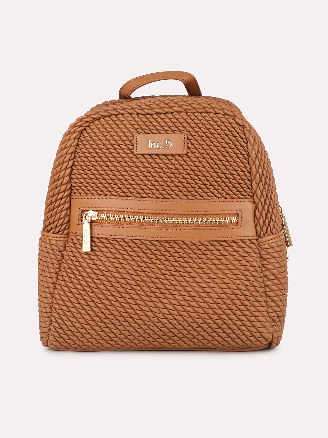 Women Tan Textured Mini Backpack With Quilted Detailing